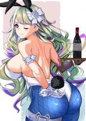  1girl alcohol animal_ears ass blonde_hair blue_eyes blue_pantyhose breasts cup diabellze_the_original_sinkeeper drinking_glass duel_monster gloves highres large_breasts leotard long_hair mcfly_(yakami) multicolored_hair pantyhose playboy_bunny purple_hair rabbit_ears smile strapless strapless_leotard streaked_hair thigh_strap wine wine_glass yu-gi-oh! 