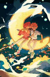  2boys :d arm_support belt bird bishounen black_wristband city_lights clouds collared_shirt crossed_ankles fenkko flock foot_dangle full_body goose green_footwear hand_up happy highres jibaku_shounen_hanako-kun looking_at_animal male_focus midair minamoto_kou mitsuba_sousuke multiple_boys night on_crescent open_mouth outdoors pants perspective pink_footwear pink_sweater scarf shading_eyes shirt shoes short_hair shoulder-to-shoulder sitting sky smile sneakers star_(sky) starry_sky sweater teeth underlighting white_bird white_pants wide_shot wind wing_collar 