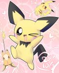  2018 black_eyes blush closed_eyes commentary_request full_body heart lets0020 looking_at_viewer no_humans nose_blush one_eye_closed open_mouth pichu pikachu pokemon pokemon_(creature) raichu smile 