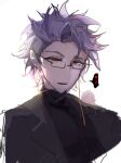  1boy 404notfind000 bespectacled black_jacket black_shirt chinese_commentary commentary_request glasses hatsutori_hajime heart highres jacket male_focus open_clothes open_jacket open_mouth purple_hair rectangular_eyewear red_eyes saibou_shinkyoku semi-rimless_eyewear shirt short_hair simple_background sketch solo_focus spoken_heart theodore_riddle turtleneck turtleneck_shirt white_background 