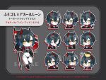  1girl animal_on_head azur_lane bird bird_on_head black_hair black_jacket blue_hair checkered_flag chibi crossed_bangs expressions flag gradient_hair highres horns jacket licking_lips manjuu_(azur_lane) multicolored_hair nokachoco114 official_alternate_costume official_art on_head one_eye_closed racequeen red_horns sample_watermark sweatdrop tongue tongue_out ulrich_von_hutten_(azur_lane) ulrich_von_hutten_(ignition_matrician)_(azur_lane) watermark yellow_eyes 