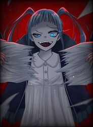  1girl ado_(utaite) arched_bangs blue_eyes blue_hair blue_jacket collared_dress commentary dress eye_trail highres jacket light_trail long_hair open_clothes open_jacket open_mouth piercing red_background rule-chan_(ado) rule_(ado) shoko_(gs_music11) solo tearing_paper teeth tongue_piercing twintails upper_teeth_only white_dress 