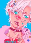  1boy alternate_costume arrow_(symbol) bandaid bandaid_on_face bandaid_on_nose black_choker bleach blue_background blue_eyes choker close-up colored_eyelashes commentary contemporary decora earrings english_commentary food food_in_mouth hair_ornament hairclip highres hitsugaya_toushirou hoop_earrings jewelry looking_to_the_side nose open_mouth pocky pocky_in_mouth rabbit_ornament ring short_hair simple_background solo star_(symbol) star_hair_ornament star_sticker sticker_on_face stud_earrings teeth tsurime upper_teeth_only upturned_eyes v-shaped_eyebrows white_hair yshjsw 