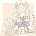  1girl bare_shoulders blonde_hair bow butterfly_hair_ornament celine_(fire_emblem) closed_eyes crown dress facing_viewer fire_emblem fire_emblem_engage flower hair_flower hair_ornament hands_on_own_chest happy_tears long_hair no_kya open_mouth solo tears upper_body very_long_hair wrist_bow 