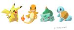  animal_focus bright_pupils brown_eyes bulbasaur charmander claws fangs flame-tipped_tail full_body highres no_humans nostrils open_mouth pikachu pokemon pokemon_(creature) red_eyes signature simple_background squirtle uninori white_background white_pupils 