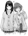  2girls absurdres blush cardigan closed_mouth collared_shirt cowboy_shot earrings greyscale heart highres hinoharaf_(14310486) holding_hands interlocked_fingers jewelry long_hair long_sleeves looking_at_viewer monochrome multiple_girls open_mouth original pleated_skirt school_uniform shirt short_hair skirt smile v yuri 