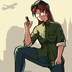  1girl aircraft airplane artist_name azumanga_daioh big_smoke big_smoke_(cosplay) black_hat black_pants breast_pocket brown_hair building cigarette closed_mouth collared_shirt cosplay glasses grand_theft_auto grand_theft_auto:_san_andreas green_shirt hand_up hat highres holding holding_cigarette holding_money long_hair markislazy mizuhara_koyomi money pants parody pocket shirt skyscraper sleeves_rolled_up solo standing watermark 