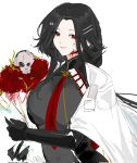  1girl bisaytin black_gloves black_hair blood blood_on_face bouquet cloak corrupted_twitter_file flower girls_frontline gloves highres holding holding_bouquet long_hair looking_at_viewer multiple_hairpins qbu-191_(girls&#039;_frontline) red_eyes red_flower red_rose rose simple_background smile solo upper_body white_background white_cloak 