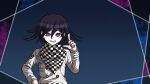  1boy arm_belt belt black_scarf blue_background buttons chain checkered_clothes checkered_scarf commentary_request cowboy_shot crazy_eyes crazy_grin crest danganronpa_(series) danganronpa_v3:_killing_harmony double-breasted hair_between_eyes hand_on_own_hip jacket layered_sleeves long_sleeves looking_at_viewer male_focus multicolored_buttons multiple_belts official_style oma_kokichi outside_border pale_skin parody pointing pointing_up polka_dot polka_dot_background purple_hair scarf short_hair simple_background solo style_parody two-tone_scarf violet_eyes white_belt white_jacket white_scarf white_sleeves yumaru_(marumarumaru) 