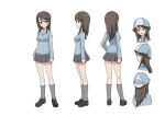  1girl blue_hat brown_eyes brown_hair closed_mouth concept_art from_behind from_side girls_und_panzer keizoku_school_uniform long_hair mika_(girls_und_panzer) miniskirt multiple_views official_art pleated_skirt school_uniform simple_background skirt standing tulip_hat white_background 