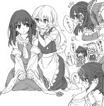  2girls alternate_hairstyle apron ascot blush bow braid braiding_hair closed_eyes closed_mouth commentary_request detached_sleeves frilled_bow frilled_hair_tubes frills greyscale hair_bow hair_tubes hairdressing hakurei_reimu highres kirisame_marisa long_hair mero_(starfish_jcs) monochrome multiple_girls no_headwear open_mouth ribbon-trimmed_sleeves ribbon_trim short_sleeves side_braid single_braid sitting smile speech_bubble touhou translation_request vest waist_apron 