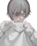  1boy absurdres blue_eyes commentary_request highres kuleha_s looking_at_viewer male_focus original short_hair signature simple_background solo sweater white_background 