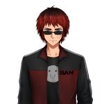  1boy bans black_jacket black_shirt blue_eyes closed_mouth collarbone commentary_request dice_earrings gradient_hair half-closed_eyes highres jacket k-suwabe looking_at_viewer looking_over_eyewear male_focus multicolored_clothes multicolored_eyes multicolored_hair multicolored_jacket official_art open_clothes open_jacket print_shirt red_eyes red_jacket redhead scar scar_on_cheek scar_on_face second-party_source serious shirt short_hair simple_background smiley_face solo straight-on sunglasses symbol-shaped_eyes tenkai_tsukasa track_jacket upper_body v-shaped_eyebrows virtual_youtuber white_background 