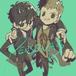  2boys amamiya_ren arm_around_shoulder bag bbbbbaasos black_eyes black_hair black_jacket brown_hair clenched_hand closed_mouth copyright_name glasses green_background grin hand_in_pocket jacket male_focus multiple_boys open_clothes open_jacket pants persona persona_5 plaid plaid_pants sakamoto_ryuuji school_bag shirt smile t-shirt 