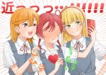  3girls absurdres blonde_hair blunt_bangs blush catchu!_(love_live!) cellphone collarbone collared_shirt commentary_request dress emphasis_lines faceless faceless_female full-face_blush green_eyes grey_dress hair_between_eyes hairband hand_on_another&#039;s_shoulder hand_up heanna_sumire heart highres holding holding_phone long_hair looking_at_phone love_live! love_live!_superstar!! medium_hair multiple_girls neck_ribbon open_mouth orange_hair orange_hairband phone pinafore_dress red_ribbon redhead ribbon school_uniform selfie shibuya_kanon shirt short_sleeves sleeveless sleeveless_dress smartphone smile sound_effects standing summer_uniform sweatdrop teeth translation_request upper_body upper_teeth_only v-shaped_eyebrows violet_eyes wabe417 white_background white_shirt yoneme_mei yuigaoka_school_uniform 