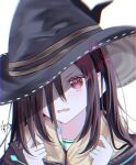  1girl black_hair hair_over_one_eye hat heaven_burns_red jacket long_hair long_sleeves match_neco open_mouth red_eyes solo tenne_miko witch_hat 