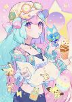  1girl absurdres blue_hair blush bow-shaped_hair breasts dessert food glasses haru_(haruxxe) hat highres holding holding_food holding_ice_cream ice_cream ice_cream_cone ice_cream_float iono_(pokemon) long_hair long_sleeves looking_at_viewer multicolored_hair pants pichu pikachu pink_eyes pink_hair pokemon pokemon_sv shirt spoon two-tone_hair 