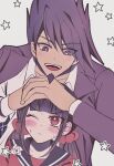  1boy 1girl black_sailor_collar blunt_bangs blush brown_hair danganronpa_(series) danganronpa_v3:_killing_harmony facial_hair goatee hair_ornament hair_scrunchie hands_on_another&#039;s_head harukawa_maki highres jacket long_hair long_sleeves low_twintails male_focus mole mole_under_eye momota_kaito one_eye_closed open_mouth red_eyes red_scrunchie red_shirt sailor_collar satori_(aosky9077) scrunchie shirt short_hair spiky_hair twintails white_shirt 