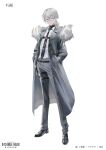  1boy copyright_name double_helix_blossom full_body fur_trim glasses grey_eyes grey_hair hands_in_pockets highres holster kuchinawa_(double_helix_blossom) loafers long_coat looking_at_viewer low_ponytail necktie official_art pants shoes smile solo standing swav thigh_holster white_background 