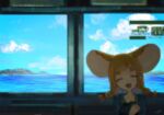  1girl :d ^_^ alternate_costume animal_ears aqua_sky artist_name blurry blurry_foreground braid cardigan closed_eyes clouds cloudy_sky commentary day depth_of_field facing_viewer hair_tie hand_up happy highres holding horizon indie_virtual_youtuber long_hair mau-chan_(7name) mouse_ears mouse_girl naname_(7name) ocean open_cardigan open_clothes open_mouth orange_hair scenery sidelocks signature sky smile solo thick_eyebrows train_interior twin_braids upper_body water wide_shot 