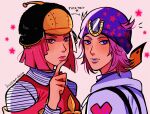  1boy 1girl blue_eyes blue_hat blue_lips bob_cut commentary english_commentary feathers freckles hat highres horseshoe hot_pants_(sbr) huyandere johnny_joestar jojo_no_kimyou_na_bouken medium_hair pink_eyes pink_hair pink_nails purple_hair star_(symbol) star_print starry_background steel_ball_run 