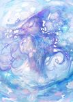  1girl blue_flower bow flower frown hat hat_bow hat_ribbon highres holding holding_flower impressionism lace_trim long_hair open_mouth original orokudesu partially_submerged pastel_colors puffy_short_sleeves puffy_sleeves purple_flower purple_hair purple_theme ribbon shirt short_sleeves solo sparkle sweatdrop violet_eyes water water_drop water_lily_flower wavy_hair white_shirt wide_brim 