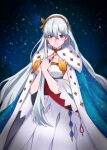  1girl absurdres aino_chuan_daoshi anastasia_(fate) blue_cloak blue_eyes breasts cloak dress earrings fate/grand_order fate_(series) grey_hair hairband hands_on_own_chest highres jewelry large_breasts long_hair night pendant single_earring sleeveless sleeveless_dress snow white_dress 