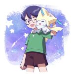  1boy arm_at_side black_hair brown_eyes brown_shorts collared_shirt fon-due_(fonfon) glasses green_shirt hair_between_eyes jirachi male_focus max_(pokemon) on_shoulder one_eye_closed open_mouth pokemon pokemon:_jirachi:_wish_maker pokemon_(anime) pokemon_(creature) pokemon_on_shoulder pokemon_rse_(anime) shirt shooting_star shorts 