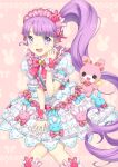  1girl :d blunt_bangs blush bow commentary_request dress feet_out_of_frame frilled_dress frills hairband hand_up idol_clothes knees_together_feet_apart lolita_fashion long_hair looking_at_viewer manaka_non open_mouth pink_bow pink_hairband pretty_series pripara puffy_short_sleeves puffy_sleeves purple_hair short_sleeves side_ponytail smile solo standing stuffed_animal stuffed_rabbit stuffed_toy sweet_lolita unya_(unya-unya) usacha very_long_hair violet_eyes white_dress wrist_cuffs 