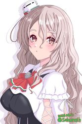  1girl bodice bow bowtie brown_eyes dated grey_hair hair_between_eyes hat highres kantai_collection long_hair long_sleeves looking_at_viewer mini_hat nitamako_(sakamalh) one-hour_drawing_challenge pola_(kancolle) red_bow red_bowtie shirt side-tie_shirt simple_background solo thick_eyebrows twitter_username wavy_hair white_background white_shirt 