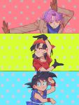  1girl 2boys artist_name black_gloves blue_background brown_gloves brown_jacket child closed_eyes dougi dragon_ball dragon_ball_gt eizouken_ni_wa_te_wo_dasu_na! gloves highres jacket long_sleeves meteorstaar multiple_boys pan_(dragon_ball) parody red_background scene_reference short_sleeves sleeveless son_goku spiky_hair trunks_(dragon_ball) wristband yellow_background 