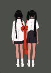  2girls absurdres arms_at_sides black_skirt bow braid facing_away from_behind full_body grey_background hair_ribbon highres intertwined_hair korean_commentary long_hair long_sleeves miniskirt multiple_girls no_shoes original pleated_skirt red_bow red_ribbon ribbon shirt shirt_tucked_in short_sleeves side-by-side simple_background skirt socks spoon_tneod standing tress_ribbon turtleneck turtleneck_shirt twin_braids twintails uneven_twintails very_long_hair white_shirt white_socks 