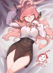  1girl aru_(blue_archive) black_skirt blue_archive blush breasts demon_horns doodle_sensei_(blue_archive) fur_trim glasses halo horns large_breasts long_hair long_sleeves looking_at_viewer pen pink_hair sensei_(blue_archive) shirt skirt smile solo undreaming white_shirt yellow_eyes 