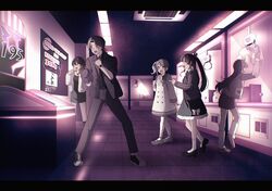  1boy 4girls :d azumaya_haruka black_camisole black_dress black_footwear black_hair black_jacket black_shirt black_shorts blonde_hair blush breasts brown_footwear camisole ceiling_light collared_shirt crane_game crossed_arms dress dress_shirt fang fujisaki_fuuka fujisaki_kanon gradient_hair grey_hair grey_sailor_collar heart highres hiizumi_rinne indoors jacket letterboxed loafers long_hair long_sleeves loose_socks medium_breasts multicolored_hair multiple_girls open_clothes open_jacket open_shirt pantyhose parted_bangs pink_footwear pointing profile puffy_long_sleeves puffy_sleeves sailor_collar sailor_dress sakura_no_sekai shirt shoes shorts side_ponytail smile socks standing stuffed_animal stuffed_rabbit stuffed_toy sweat tile_floor tiles tokiwa_mimori track_jacket translation_request tsuruse twintails undershirt very_long_hair white_dress white_jacket white_pantyhose white_socks 