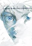  1boy abstract blue_eyes covered_mouth gojou_satoru highres jujutsu_kaisen looking_at_viewer male_focus minchies_(mnchys) monochrome portrait scar scar_on_face scar_on_forehead short_hair solo twitter_username white_background white_hair 