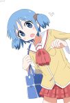  1girl absurdres artist_name bag blouse blue_bag blue_eyes blue_hair commentary_request cube_hair_ornament cynical_(llcbluckg_c004) hair_ornament highres holding holding_bag leaning_to_the_side long_sleeves looking_at_viewer naganohara_mio neckerchief nichijou open_mouth plaid plaid_skirt pleated_skirt pocket red_neckerchief red_skirt sailor_collar school_uniform shirt short_twintails signature simple_background skirt solo tokisadame_school_uniform twintails uniform white_background white_sailor_collar yellow_shirt 