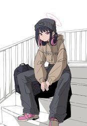  1girl absurdres backpack bag beanie black_hair black_hat black_pants blue_archive brown_hoodie closed_mouth clothes_writing cropped_hoodie full_body ggaebchun halo hat headphones headphones_around_neck highres hood hood_down hoodie kazusa_(blue_archive) long_sleeves looking_at_viewer pants pink_hair railing red_eyes shoes short_hair simple_background sitting sketch sneakers solo 