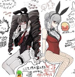  2girls animal_ears bare_shoulders black-framed_eyewear black_bow black_bowtie black_leotard black_nails bow bowtie breasts celestia_ludenberg cropped_legs danganronpa:_trigger_happy_havoc danganronpa_(series) danganronpa_2:_goodbye_despair dress_shirt fake_animal_ears feet_out_of_frame fishnet_pantyhose fishnets glasses grey_hair hair_ribbon heart jacket kuzuryu_fuyuhiko large_breasts leotard long_sleeves multiple_girls nail_polish necktie odjisanhonpo open_clothes open_jacket pantyhose pekoyama_peko red_leotard red_necktie ribbon semi-rimless_eyewear shirt simple_background sitting smile translation_request white_background 