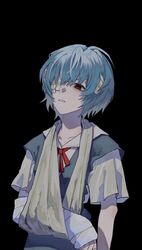  1girl absurdres ayanami_rei bdsm black_background blue_hair blush bondage bound highres messy_hair neon_genesis_evangelion red_eyes red_ribbon ribbon school_uniform shirt short_hair simple_background solo ssin5000 tokyo-3_middle_school_uniform white_shirt 