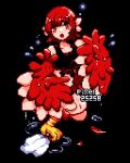  1girl animal_ears artist_name bare_shoulders bird_ears bird_legs black_background black_tank_top commentary_request feathered_wings feathers harpy monster_girl open_mouth original pixel25251 pixel_art red_eyes red_feathers red_wings redhead simple_background solo talons tank_top winged_arms wings 