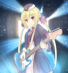  1girl :3 arihara_nanami black_capelet black_dress black_hat blonde_hair blush bow capelet closed_mouth commentary_request cowboy_shot dress garrison_cap guitar hair_bow hat highres holding holding_instrument holding_plectrum instrument light_particles long_hair long_sleeves looking_at_viewer low_twintails music necktie playing_instrument plectrum red_bow red_eyes red_necktie riddle_joker smile solo spotlight straight_hair twintails very_long_hair yuzf 