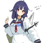  1girl absurdres ahoge animal_print apron bigkwl blue_hair blue_sailor_collar dated fish_print frilled_apron frills hair_flaps hair_over_shoulder highres kantai_collection long_hair long_sleeves low_twintails neckerchief one-hour_drawing_challenge red_eyes red_neckerchief sailor_collar school_uniform serafuku solo taigei_(kancolle) twintails twitter_username upper_body whale_print white_apron 