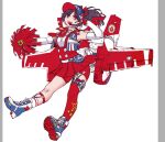  1girl airplane_wing asymmetrical_legwear baseball_cap black_hair blue_eyes cheerleader elbow_gloves gloves hat holding looking_at_viewer mecha_musume mismatched_legwear open_mouth original people&#039;s_republic_of_china_flag personification pom_pom_(cheerleading) ponytail red_skirt single_thighhigh skirt smile socks solo thigh-highs white_background z.s.w. 
