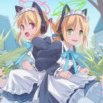  2girls animal_ear_headphones animal_ears apron black_dress blonde_hair blue_archive dress fake_animal_ears frilled_apron frilled_dress frills green_eyes green_halo halo headphones highres long_sleeves maid maid_headdress midori_(blue_archive) midori_(maid)_(blue_archive) momoi_(blue_archive) momoi_(maid)_(blue_archive) multiple_girls nikulas_cage official_alternate_costume open_mouth pink_halo red_eyes short_hair siblings sisters smile twins white_apron 