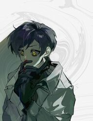  1boy abstract_background black_gloves black_sweater blood coat gabriel_(project_moon) gloves hands_up highres kyohee83 lab_coat lobotomy_corporation long_sleeves nosebleed project_moon purple_hair ribbed_sweater simple_background solo sweater turtleneck turtleneck_sweater upper_body white_background white_coat yellow_eyes 