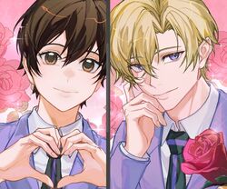  1boy 1girl androgynous bishounen black_necktie blazer blonde_hair brown_eyes brown_hair collared_shirt commentary dress_shirt floral_background flower fujioka_haruhi hair_between_eyes hand_on_own_face heart heart_hands jacket long_sleeves looking_at_viewer necktie oretsuu ouran_high_school_host_club ouran_high_school_uniform portrait purple_jacket purple_necktie red_flower red_rose reverse_trap rose rose_background school_uniform shirt short_hair smile sparkle split_screen suou_tamaki symbol-only_commentary two-tone_necktie violet_eyes white_shirt 