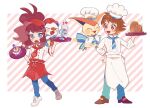  1boy 1girl :d alternate_costume apron ascot blue_ascot blue_pants blush_stickers brown_eyes brown_footwear brown_hair buttons chef_hat commentary_request dessert food green_pants hand_on_own_hip hat highres hilbert_(pokemon) hilda_(pokemon) hime_(himetya105) holding holding_tray jacket open_mouth oshawott pants pokemon pokemon_(creature) pokemon_bw red_hat sandwich shoes sidelocks smile tray victini waist_apron white_apron white_footwear white_hat white_jacket 