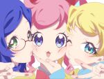  3girls :3 anchiki_shou aoba_rinka archived_source bad_id bad_twitter_id blonde_hair blue_eyes blue_hair blush glasses green_eyes hand_on_another&#039;s_chin highres kiratto_pri_chan long_hair looking_at_viewer moegi_emo momoyama_mirai multiple_girls o3o one_eye_closed open_mouth parted_lips pink_hair portrait pretty_series puffy_cheeks sidelocks smile v violet_eyes 