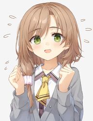  1girl :d blush brown_hair cardigan clenched_hands cofetaru collared_shirt commentary eyelashes eyes_visible_through_hair flying_sweatdrops green_eyes grey_cardigan hair_intakes hair_ornament hair_scrunchie hands_up happy long_hair long_sleeves looking_at_viewer low_side_ponytail mikuni_sairi neckerchief open_mouth pink_scrunchie school_uniform scrunchie shirt simple_background smile solo swept_bangs tenshi_souzou_re-boot! thick_eyebrows tsurime upper_body white_background white_shirt yellow_neckerchief 