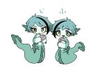  2boys :3 animal black_eyes blue_hair brothers chibi closed_mouth colored_sclera colored_skin commentary_request eel_boy fins fish floyd_leech full_body green_sclera green_skin hands_up head_fins heterochromia highres holding holding_animal jade_leech looking_at_viewer male_focus mismatched_sclera monster_boy multicolored_hair multiple_boys open_mouth sharp_teeth shima_(wansyon144) short_hair siblings simple_background streaked_hair teeth translation_request twins twisted_wonderland white_background yellow_sclera 